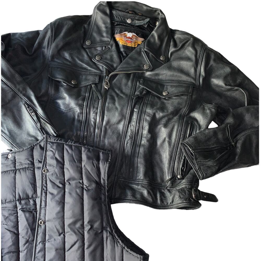 EUC Harley Davidson Motorcycle Jacket ,Leather, Full Zip, W/ Liner Black Mens XL